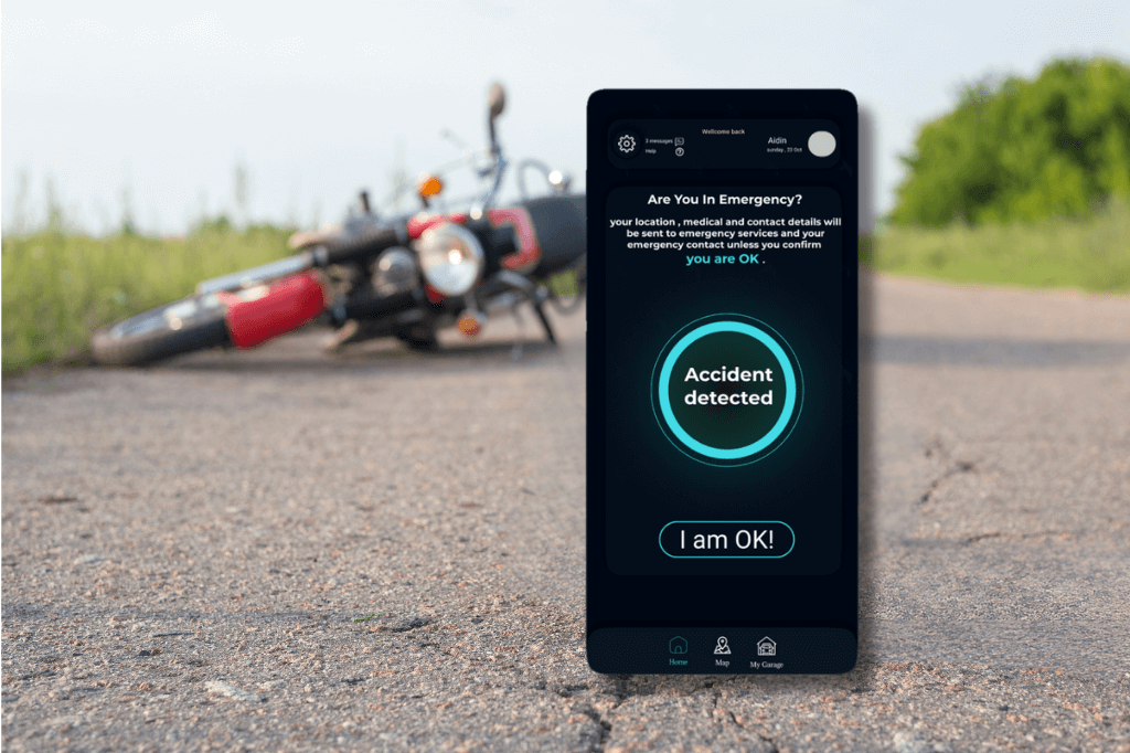 Athena emergency alert displayed on a phone, with a motorcycle on its side in the distance