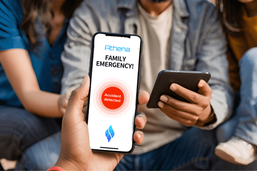 Family looking at their phone, receiving Athena's emergency alert about a loved one's accident