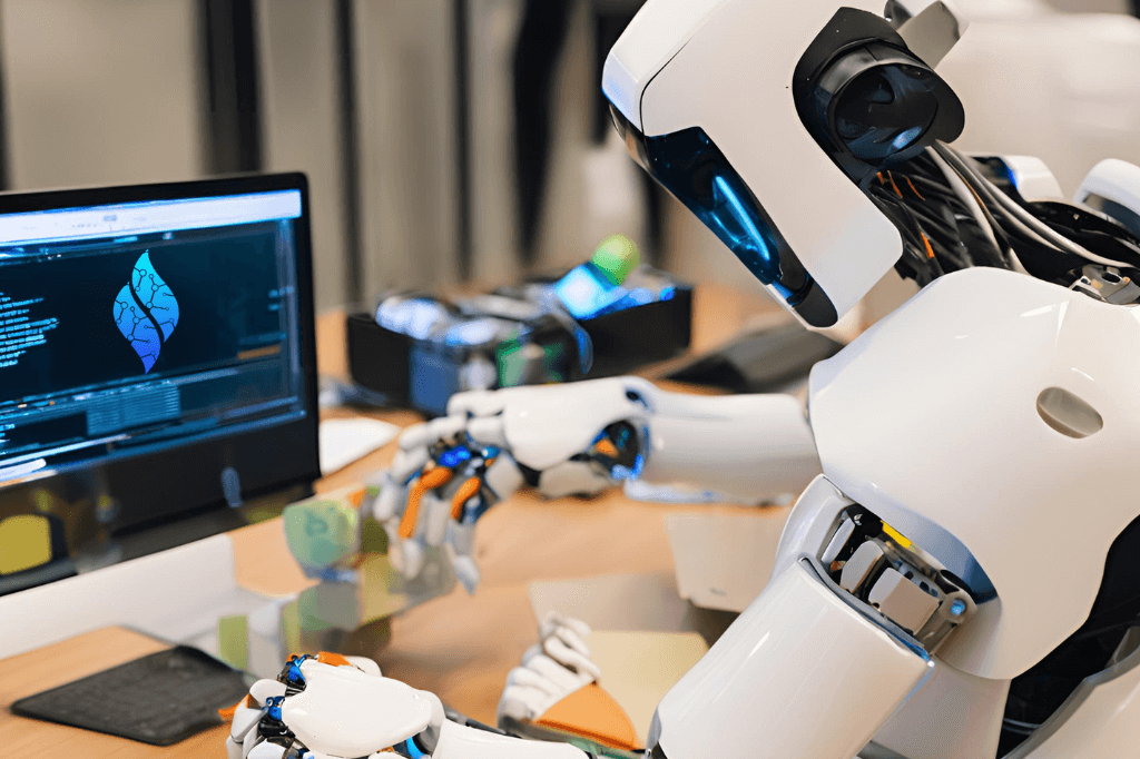 Robot typing at a computer with the Athena logo displayed on the screen